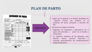 
PLAN DE PARTO
 Lograr que la gestante y su familia identifique los
aspectos críticos que enfrenta en el
momento del parto, puerperio o atención del
RN.
 Reconocer los signos de alarma.
 Organizar las respuestas y alternativas con el
apoyo del proveedor, a partir de la familia y
comunidad.
 La captación temprana de las gestantes, para
detectar, educar, prevenir, intervenir y
controlar oportunamente sus condicionantes de
riesgo biosicosocial.
PROPÓSITO
 
