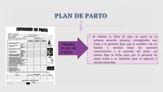 PLAN DE PARTO

 Se elabora la ficha de plan de parto en la
primera atención prenatal, entregándole una
copia a la gestante para que la socialice con su
familia y decidan todas las opciones
concernientes a la atención del parto; así
mismo fijen la fecha para que el personal de
salud acuda a su domicilio para la segunda y
tercera entrevista
PRIMER
PLAN DE
PARTO
 
