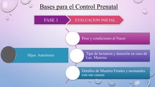 Bases para el Control Prenatal
FASE 1 EVALUACION INICIAL
Peso y condiciones al Nacer
Tipo de lactancia y duración en caso de
Lac. Materna
Detalles de Muertes Fetales y neonatales
con sus causas
Hijos Anteriores
 