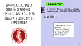 ¿CÓMO DEBE REALIZARSE LA
DETECCIÓN DE RIESGO EN EL
CONTROL PRENATAL Y CUAL ES SU
UTILIDAD EN GESTACIONES DE
CURSO NORMAL?
BAJO RIESGO
al momento de cada inscripción y luego
cada trimestre + RIESGO PSICOSOCIAL
CADA TRIMESTRE…
Estrés materno crónico
Ansiedad
Trastornos del sueño
Apoyo en red social
Depresión materna
Riesgo biológico
18
 