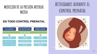 Actividades durante el
control prenatal
MEDICION DE LA PRESION ARTERIAL
MEDIA
EN TODO CONTROL PRENATAL
23
 