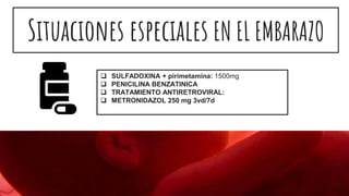 Situaciones especiales EN EL EMBARAZO
 SULFADOXINA + pirimetamina: 1500mg
 PENICILINA BENZATINICA
 TRATAMIENTO ANTIRETROVIRAL:
 METRONIDAZOL 250 mg 3vd/7d
36
 
