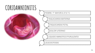 CORIOAMNIONITIS
FIEBRE: T° MAYOR A 37,8 °C
TAQUICARDIA MATERNA
TAQUICARDIA FETAL
DOLOR UTERINO
LIQUIDO AMNIOTICO PURULENTO
LEUCOCITOSIS
56
 