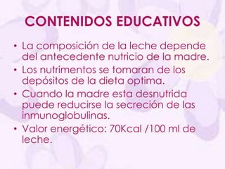 CONTENIDOS EDUCATIVOS
• La composición de la leche depende
del antecedente nutricio de la madre.
• Los nutrimentos se tomaran de los
depósitos de la dieta optima.
• Cuando la madre esta desnutrida
puede reducirse la secreción de las
inmunoglobulinas.
• Valor energético: 70Kcal /100 ml de
leche.
 