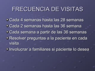 FFRREECCUUEENNCCIIAA DDEE VVIISSIITTAASS 
CCaaddaa 44 sseemmaannaass hhaassttaa llaass 2288 sseemmaannaass 
CCaaddaa 22 sseemmaannaass hhaassttaa llaass 366 sseemmaannaa 
CCaaddaa sseemmaannaa aa ppaarrttiirr ddee llaass 366 sseemmaannaass 
RReessoollvveerr pprreegguunnttaass aa llaa ppaacciieennttee eenn ccaaddaa 
vviissiittaa 
IInnvvoolluuccrraarr aa ffaammiilliiaarreess ssii ppaacciieennttee lloo ddeesseeaa 
 