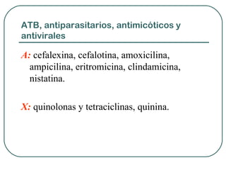 ATB, antiparasitarios, antimicóticos y
antivirales
A: cefalexina, cefalotina, amoxicilina,
ampicilina, eritromicina, clindamicina,
nistatina.
X: quinolonas y tetraciclinas, quinina.
 