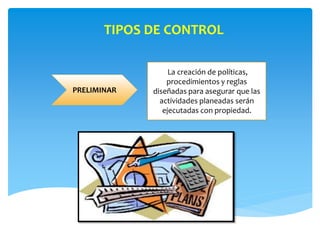 TIPOS DE CONTROL
PRELIMINAR
La creación de políticas,
procedimientos y reglas
diseñadas para asegurar que las
actividades planeadas serán
ejecutadas con propiedad.
 