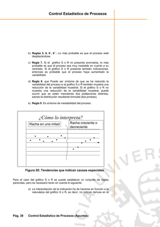 Control Estadístico de Procesos
Pág. 38 Control Estadístico de Procesos (Apuntes)
b) Reglas 5, 6, 6´, 6´´. Lo más probable es que el proceso esté
desplazándose.
c) Regla 7. Si el gráfico S o R no presenta anomalías, lo más
probable es que el proceso sea muy inestable en cuanto a su
centrado. Si el gráfico S o R presenta también indicaciones,
entonces es probable que el proceso haya aumentado la
variabilidad.
d) Regla 8. que Puede ser síntoma de que se ha reducido la
variabilidad del proceso si el gráfico S o R también muestra una
reducción de la variabilidad muestral. Si el gráfico S o R no
muestra una reducción de la variabilidad muestral, puede
ocurrir que se estén mezclando dos poblaciones distintas,
siendo la distribución resultante bimodal (dos jorobas).
e) Regla 9. Es síntoma de inestabilidad del proceso.
¿Cómo lo interpreta?
Racha en una mitad Racha creciente o
decreciente
Figura 20: Tendencias que indican causas especiales
Para el caso del gráfico S o R se puede establecer un conjunto de reglas
parecidas, pero es necesario tener en cuenta lo siguiente:
a) La interpretación de la indicación ha de hacerse en función a la
naturaleza del gráfico S o R, es decir, no indican derivas en la
 