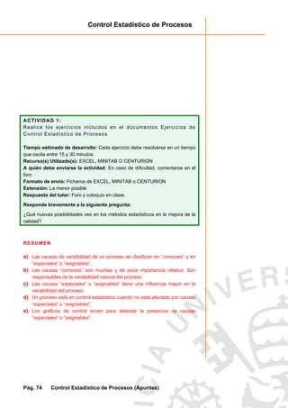 Control Estadístico de Procesos
Pág. 74 Control Estadístico de Procesos (Apuntes)
ACTIVIDAD 1:
Realice los ejercicios incluidos en el documentos Ejercicios de
Control Estadístico de Procesos
Tiempo estimado de desarrollo: Cada ejercicio debe resolverse en un tiempo
que oscila entre 15 y 30 minutos.
Recurso(s) Utilizado(s): EXCEL, MINITAB O CENTURION
A quién debe enviarse la actividad: En caso de dificultad, comentarse en el
foro
Formato de envío: Ficheros de EXCEL, MINITAB o CENTURION
Extensión: La menor posible
Respuesta del tutor: Foro y coloquio en clase.
Responde brevemente a la siguiente pregunta:
¿Qué nuevas posibilidades ves en los métodos estadísticos en la mejora de la
calidad?
RESUMEN
a) Las causas de variabilidad de un proceso se clasifican en “comunes” y en
“especiales” o “asignables”.
b) Las causas “comunes” son muchas y de poca importancia relativa. Son
responsables de la variabilidad natural del proceso.
c) Las causas “especiales” o “asignables” tiene una influencia mayor en la
variabilidad del proceso.
d) Un proceso está en control estadístico cuando no está afectado por causas
“especiales” o “asignables”.
e) Los gráficos de control sirven para detectar la presencia de causas
“especiales” o “asignables”.
 