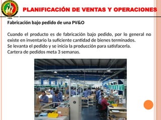 Fabricación bajo pedido de una PV&O
Cuando el producto es de fabricación bajo pedido, por lo general no
existe en inventario la suficiente cantidad de bienes terminados.
Se levanta el pedido y se inicia la producción para satisfacerla.
Cartera de pedidos meta 3 semanas.
Fabricación bajo pedido de una PV&O
Cuando el producto es de fabricación bajo pedido, por lo general no
existe en inventario la suficiente cantidad de bienes terminados.
Se levanta el pedido y se inicia la producción para satisfacerla.
Cartera de pedidos meta 3 semanas.
PLANIFICACIÓN DE VENTAS Y OPERACIONES
 
