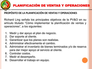 PROPÓSITO DE LA PLANIFICACIÓN DE VENTAS Y OPERACIONES
Richard Ling señala los principales objetivos de la PV&O en su
artículo titulado “Cómo implementar la planificación de ventas y
operaciones”, a los siguientes:
1. Medir y dar apoyo al plan de negocio.
2. Dar soporte al cliente.
3. Garantizar que los planes son realistas.
4. Administrar efectivamente el cambio.
5. Administrar el inventario de bienes terminados y/o de reserva
para dar mejor apoyo al servicio al cliente.
6. Controlar costos.
7. Medir el desempeño.
8. Desarrollar el trabajo en equipo.
PROPÓSITO DE LA PLANIFICACIÓN DE VENTAS Y OPERACIONES
Richard Ling señala los principales objetivos de la PV&O en su
artículo titulado “Cómo implementar la planificación de ventas y
operaciones”, a los siguientes:
1. Medir y dar apoyo al plan de negocio.
2. Dar soporte al cliente.
3. Garantizar que los planes son realistas.
4. Administrar efectivamente el cambio.
5. Administrar el inventario de bienes terminados y/o de reserva
para dar mejor apoyo al servicio al cliente.
6. Controlar costos.
7. Medir el desempeño.
8. Desarrollar el trabajo en equipo.
PLANIFICACIÓN DE VENTAS Y OPERACIONES
 