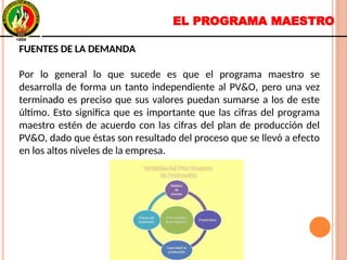 EL PROGRAMA MAESTRO
FUENTES DE LA DEMANDA
Por lo general lo que sucede es que el programa maestro se
desarrolla de forma un tanto independiente al PV&O, pero una vez
terminado es preciso que sus valores puedan sumarse a los de este
último. Esto significa que es importante que las cifras del programa
maestro estén de acuerdo con las cifras del plan de producción del
PV&O, dado que éstas son resultado del proceso que se llevó a efecto
en los altos niveles de la empresa.
FUENTES DE LA DEMANDA
Por lo general lo que sucede es que el programa maestro se
desarrolla de forma un tanto independiente al PV&O, pero una vez
terminado es preciso que sus valores puedan sumarse a los de este
último. Esto significa que es importante que las cifras del programa
maestro estén de acuerdo con las cifras del plan de producción del
PV&O, dado que éstas son resultado del proceso que se llevó a efecto
en los altos niveles de la empresa.
 