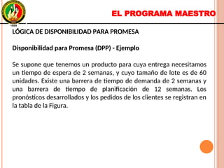 EL PROGRAMA MAESTRO
LÓGICA DE DISPONIBILIDAD PARA PROMESA
Disponibilidad para Promesa (DPP) - Ejemplo
Se supone que tenemos un producto para cuya entrega necesitamos
un tiempo de espera de 2 semanas, y cuyo tamaño de lote es de 60
unidades. Existe una barrera de tiempo de demanda de 2 semanas y
una barrera de tiempo de planificación de 12 semanas. Los
pronósticos desarrollados y los pedidos de los clientes se registran en
la tabla de la Figura.
LÓGICA DE DISPONIBILIDAD PARA PROMESA
Disponibilidad para Promesa (DPP) - Ejemplo
Se supone que tenemos un producto para cuya entrega necesitamos
un tiempo de espera de 2 semanas, y cuyo tamaño de lote es de 60
unidades. Existe una barrera de tiempo de demanda de 2 semanas y
una barrera de tiempo de planificación de 12 semanas. Los
pronósticos desarrollados y los pedidos de los clientes se registran en
la tabla de la Figura.
 