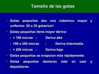 Tamaño de las gotas Gotas pequeñas dan una cobertura mayor y uniforme: 20 a 30 gotas/cm 2 . Gotas pequeñas tiene mayor deriva: -  < 100 micras : Deriva alta -  100 a 200 micras : Deriva intermedia -  > 200 micras : Deriva baja Gotas pequeñas se evaporan más rápidamente. Gotas pequeñas demoran más en caer y depositarse. 