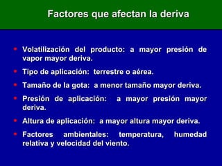 Factores que afectan la deriva Volatilización del producto: a mayor presión de vapor mayor deriva. Tipo de aplicación:  terrestre o aérea. Tamaño de la gota:  a menor tamaño mayor deriva. Presión de aplicación:  a mayor presión mayor deriva. Altura de aplicación:  a mayor altura mayor deriva. Factores ambientales: temperatura, humedad relativa y velocidad del viento. 
