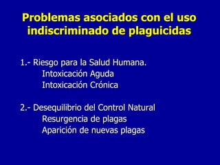 1.- Riesgo para la Salud Humana. Intoxicación Aguda Intoxicación Crónica 2.- Desequilibrio del Control Natural Resurgencia de plagas Aparición de nuevas plagas Problemas asociados con el uso indiscriminado de plaguicidas 