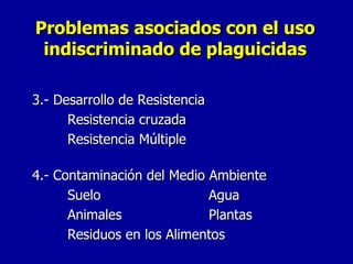 3.- Desarrollo de Resistencia Resistencia cruzada Resistencia Múltiple 4.- Contaminación del Medio Ambiente Suelo  Agua Animales Plantas Residuos en los Alimentos Problemas asociados con el uso indiscriminado de plaguicidas 