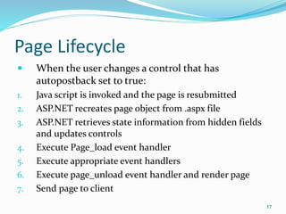 Page Lifecycle
 When the user changes a control that has
autopostback set to true:
1. Java script is invoked and the page is resubmitted
2. ASP.NET recreates page object from .aspx file
3. ASP.NET retrieves state information from hidden fields
and updates controls
4. Execute Page_load event handler
5. Execute appropriate event handlers
6. Execute page_unload event handler and render page
7. Send page to client
17
 