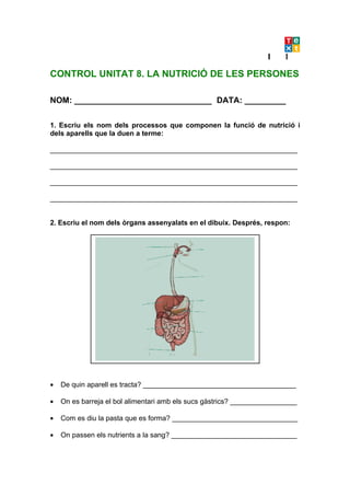 CONTROL UNITAT 8. LA NUTRICIÓ DE LES PERSONES

NOM: ______________________________ DATA: _________

1. Escriu els nom dels processos que componen la funció de nutrició i
dels aparells que la duen a terme:

_______________________________________________________________

_______________________________________________________________

_______________________________________________________________

_______________________________________________________________


2. Escriu el nom dels òrgans assenyalats en el dibuix. Després, respon:




•   De quin aparell es tracta? _______________________________________

•   On es barreja el bol alimentari amb els sucs gàstrics? _________________

•   Com es diu la pasta que es forma? ________________________________

•   On passen els nutrients a la sang? ________________________________
 
