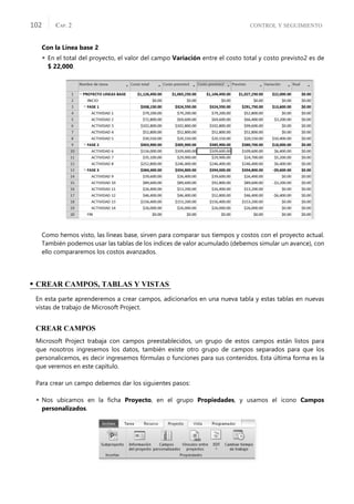 CONTROL Y SEGUIMIENTO
CAP. 2
102
Con la Línea base 2
 En el total del proyecto, el valor del campo Variación entre el costo total y costo previsto2 es de
$ 22,000.
Como hemos visto, las líneas base, sirven para comparar sus tiempos y costos con el proyecto actual.
También podemos usar las tablas de los índices de valor acumulado (debemos simular un avance), con
ello compararemos los costos avanzados.
• CREAR CAMPOS, TABLAS Y VISTAS
En esta parte aprenderemos a crear campos, adicionarlos en una nueva tabla y estas tablas en nuevas
vistas de trabajo de Microsoft Project.
CREAR CAMPOS
Microsoft Project trabaja con campos preestablecidos, un grupo de estos campos están listos para
que nosotros ingresemos los datos, también existe otro grupo de campos separados para que los
personalicemos, es decir ingresemos fórmulas o funciones para sus contenidos. Esta última forma es la
que veremos en este capítulo.
Para crear un campo debemos dar los siguientes pasos:
 Nos ubicamos en la ﬁcha Proyecto, en el grupo Propiedades, y usamos el icono Campos
personalizados.
 
