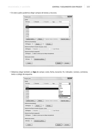 INGENIERÍA Y GESTIÓN CONTROL Y SEGUIMIENTO CON PROJECT 103
 En este cuadro podemos elegir campos de tareas y recursos.
 Debemos elegir también un tipo de campo: costo, fecha, duración, ﬁn, indicador, número, comienzo,
texto o código de esquema.
 