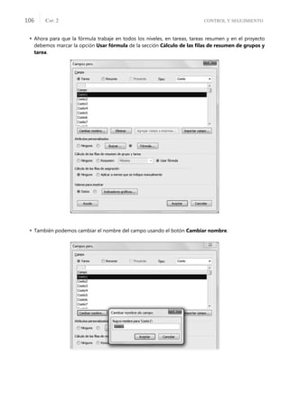 CONTROL Y SEGUIMIENTO
CAP. 2
106
 Ahora para que la fórmula trabaje en todos los niveles, en tareas, tareas resumen y en el proyecto
debemos marcar la opción Usar fórmula de la sección Cálculo de las ﬁlas de resumen de grupos y
tarea.
 También podemos cambiar el nombre del campo usando el botón Cambiar nombre.
 