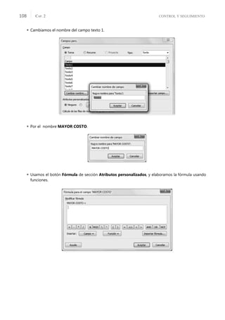 CONTROL Y SEGUIMIENTO
CAP. 2
108
 Cambiamos el nombre del campo texto 1.
 Por el nombre MAYOR COSTO.
 Usamos el botón Fórmula de sección Atributos personalizados, y elaboramos la fórmula usando
funciones.
 