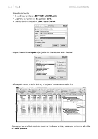 CONTROL Y SEGUIMIENTO
CAP. 2
114
 Los datos de la vista:
 El nombre de la vista será COSTOS DE LÍNEAS BASES.
 La pantalla la dejamos con Diagrama de Gantt.
 En tabla seleccionamos TABLA COSTOS PREVISTOS.
 Al presiona el botón Aceptar, el programa adiciona la vista a la lista de vistas.
 Ahora presionamos el botón Aplicar y el programa inserta nuestra nueva vista.
Observemos que en el lado izquierdo aparece el nombre de la vista y los campos pertenecen a la tabla
de Costos previstos.
 