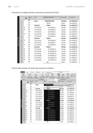 CONTROL Y SEGUIMIENTO
CAP. 2
120
 Borramos los códigos donde no queremos enumerar (los hitos).
 Ahora seleccionamos las tareas que queremos modiﬁcar.
 