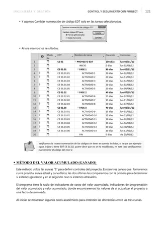 INGENIERÍA Y GESTIÓN CONTROL Y SEGUIMIENTO CON PROJECT 121
 Y usamos Cambiar numeración de código EDT solo en las tareas seleccionadas.
 Ahora veamos los resultados:
• MÉTODO DEL VALOR ACUMULADO (GANADO)
Este método utiliza las curvas “S” para deﬁnir controles del proyecto. Existen tres curvas que llamaremos
curva prevista, curva actual y curva física; las dos últimas las comparamos con la primera para determinar
si estamos gastando y en el segundo caso si estamos atrasados.
El programa tiene la tabla de indicadores de costo del valor acumulado, indicadores de programación
del valor acumulado y valor acumulado, donde encontraremos los valores de al actualizar el proyecto a
una fecha determinada.
Al iniciar se mostrarán algunos casos académicos para entender las diferencias entre las tres curvas.
Veriﬁcamos la nueva numeración de los códigos sin tener en cuenta los hitos, si es que por ejemplo
sigue la fase 1 Ɵene EDT CE 01.02, quiere decir que no se ha modiﬁcado, en este caso veriﬁquemos
nuevamente el código del nivel 2.
 