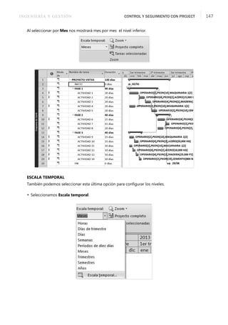 INGENIERÍA Y GESTIÓN CONTROL Y SEGUIMIENTO CON PROJECT 147
Al seleccionar por Mes nos mostrará mes por mes el nivel inferior.
ESCALA TEMPORAL
También podemos seleccionar esta última opción para conﬁgurar los niveles.
 Seleccionamos Escala temporal.
 