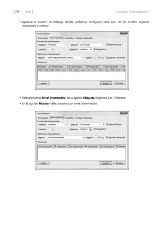 CONTROL Y SEGUIMIENTO
CAP. 2
148
 Aparece el cuadro de diálogo donde podemos conﬁgurar cada uno de los niveles: superior,
intermedio e inferior.
 Seleccionamos Nivel intermedio, en la opción Etiqueta elegimos 1er. Trimestre.
 En la opción Mostrar seleccionamos un nivel (intermedio).
 