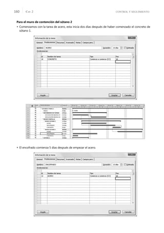 CONTROL Y SEGUIMIENTO
CAP. 2
160
Para el muro de contención del sótano 2
 Comenzamos con la tarea de acero, esta inicia dos días después de haber comenzado el concreto de
sótano 1.
 El encofrado comienza 5 días después de empezar el acero.
 