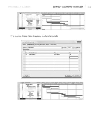 INGENIERÍA Y GESTIÓN CONTROL Y SEGUIMIENTO CON PROJECT 161
 Y el concreto ﬁnaliza 2 días después de concluir el encofrado.
 