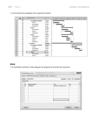CONTROL Y SEGUIMIENTO
CAP. 2
172
 Las vinculaciones quedarán de la siguiente manera:
VIGAS
 El encofrado comienza 2 días después de empezar el concreto de columnas.
 