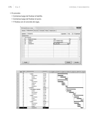 CONTROL Y SEGUIMIENTO
CAP. 2
176
 El concreto:
 Comienza luego de ﬁnalizar el ladrillo.
 Comienza luego de ﬁnalizar el acero.
 Y ﬁnaliza con el concreto de vigas.
 
