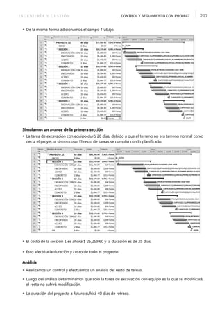 INGENIERÍA Y GESTIÓN CONTROL Y SEGUIMIENTO CON PROJECT 217
 De la misma forma adicionamos el campo Trabajo.
Simulamos un avance de la primera sección
 La tarea de excavación con equipo duró 20 días, debido a que el terreno no era terreno normal como
decía el proyecto sino rocoso. El resto de tareas se cumplió con lo planiﬁcado.
 El costo de la sección 1 es ahora $ 25,259.60 y la duración es de 25 días.
 Esto afectó a la duración y costo de todo el proyecto.
Análisis
 Realizamos un control y efectuamos un análisis del resto de tareas.
 Luego del análisis determinamos que solo la tarea de excavación con equipo es la que se modiﬁcará,
el resto no sufrirá modiﬁcación.
 La duración del proyecto a futuro sufrirá 40 días de retraso.
 