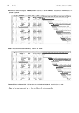 CONTROL Y SEGUIMIENTO
CAP. 2
220
 Con esto hemos corregido el tiempo de la sección, al avanzar hemos recuperado el tiempo que se
proyectó perder.
 De la misma forma reprogramamos el resto de tareas.
 Observamos que ya las secciones no duran 25 días y recuperamos al tiempo de 15 días.
 Pero no hemos recuperado los 10 días perdidos en la primera sección.
 