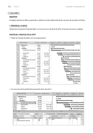 CONTROL Y SEGUIMIENTO
CAP. 2
224
• TALLER 3
OBJETIVO
El objetivo del tercer taller es aprender a utilizar los costos diferentes de los recursos de acuerdo a la fecha.
• PRIMERA PARTE
Utilizamos el proyecto ﬁnal del taller 2, el inicio es el 2 de abril de 2012, el horario de lunes a sábado.
PRIMERA PROGRAMACIÓN
 Tabla de entrada de datos con la programación.
 Los recursos de la partida de excavación de la sección 1.
 