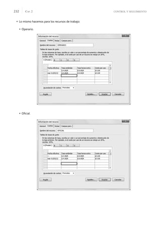 CONTROL Y SEGUIMIENTO
CAP. 2
232
 Lo mismo hacemos para los recursos de trabajo:
 Operario.
 Oﬁcial.
 