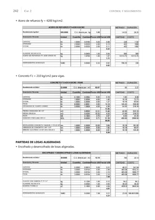 CONTROL Y SEGUIMIENTO
CAP. 2
242
 Acero de refuerzo fy = 4200 kg/cm2.
 Concreto f´c = 210 kg/cm2 para vigas.
PARTIDAS DE LOSAS ALIGERADAS
 Encofrado y desencofrado de losas aligeradas.
 