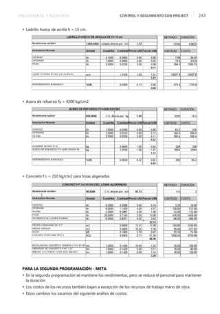 INGENIERÍA Y GESTIÓN CONTROL Y SEGUIMIENTO CON PROJECT 243
 Ladrillo hueco de arcilla h = 15 cm.
 Acero de refuerzo fy = 4200 kg/cm2.
 Concreto f´c = 210 kg/cm2 para losas aligeradas.
PARA LA SEGUNDA PROGRAMACIÓN - META
 En la segunda programación se mantiene los rendimientos, pero se reduce el personal para mantener
la duración.
 Los costos de los recursos también bajan a excepción de los recursos de trabajo mano de obra.
 Estos cambios los sacamos del siguiente análisis de costos.
 