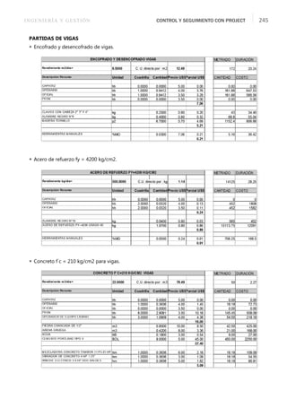 INGENIERÍA Y GESTIÓN CONTROL Y SEGUIMIENTO CON PROJECT 245
PARTIDAS DE VIGAS
 Encofrado y desencofrado de vigas.
 Acero de refuerzo fy = 4200 kg/cm2.
 Concreto f´c = 210 kg/cm2 para vigas.
 