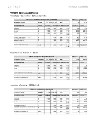 CONTROL Y SEGUIMIENTO
CAP. 2
246
PARTIDAS DE LOSAS ALIGERADAS
 Encofrado y desencofrado de losas aligeradas.
 Ladrillo hueco de arcilla h = 15 cm.
 Acero de refuerzo fy = 4200 kg/cm2.
 