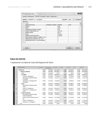 INGENIERÍA Y GESTIÓN CONTROL Y SEGUIMIENTO CON PROJECT 257
TABLA DE COSTOS
 Ingresamos a la tabla de costo del Diagrama de Gantt.
 
