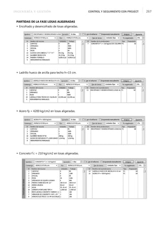 INGENIERÍA Y GESTIÓN CONTROL Y SEGUIMIENTO CON PROJECT 267
PARTIDAS DE LA FASE LOSAS ALIGERADAS
 Encofrado y desencofrado de losas aligeradas.
 Ladrillo hueco de arcilla para techo h=15 cm.
 Acero fy = 4200 kg/cm2 en losas aligeradas.
 Concreto f´c = 210 kg/cm2 en losas aligeradas.
 