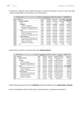 CONTROL Y SEGUIMIENTO
CAP. 2
270
 Al observar la tabla de costos observamos que la columna del previsto no varía, es decir que estos
valores corresponden a la línea base y no a la línea base 1.
 Adicionamos, entonces, la columna del campo Costo previsto 1.
 Ahora observamos que la columna Variación mantiene la diferencia entre Costo total y Previsto.
 Para ver la diferencia entre el Costo total y el Costo previsto 1, activamos la línea base 1.
 