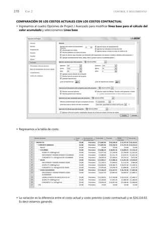 CONTROL Y SEGUIMIENTO
CAP. 2
278
COMPARACIÓN DE LOS COSTOS ACTUALES CON LOS COSTOS CONTRACTUAL
 Ingresamos al cuadro Opciones de Project / Avanzado para modiﬁcar línea base para el cálculo del
valor acumulado y seleccionamos Línea base.
 Regresamos a la tabla de costo.
 La variación es la diferencia entre el costo actual y costo previsto (costo contractual) y es $16,116.63.
Es decir estamos ganando.
 
