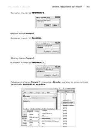 INGENIERÍA Y GESTIÓN CONTROL Y SEGUIMIENTO CON PROJECT 285
 Cambiamos el nombre por RENDIMIENTO.
 Elegimos el campo Número 3.
 Cambiamos el nombre por CUADRILLA.
 Elegimos el campo Número 4.
 Cambiamos el nombre por RENDIMIENTO 2.
 Seleccionamos el campo Número 2. e ingresamos a Fórmula e insertamos los campos numéricos
personalizados RENDIMIENTO * CUADRILLA.
 
