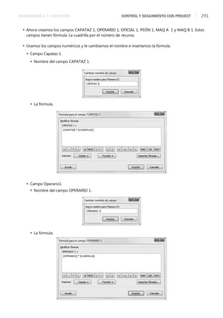 INGENIERÍA Y GESTIÓN CONTROL Y SEGUIMIENTO CON PROJECT 291
 Ahora creamos los campos CAPATAZ 1, OPERARIO 1, OFICIAL 1, PEÓN 1, MAQ A 1 y MAQ B 1. Estos
campos tienen fórmula: La cuadrilla por el número de recurso.
 Usamos los campos numéricos y le cambiamos el nombre e insertamos la fórmula.
 Campo Capataz 1.
 Nombre del campo CAPATAZ 1.
 La fórmula.
 Campo Operario1.
 Nombre del campo OPERARIO 1.
 La fórmula.
 